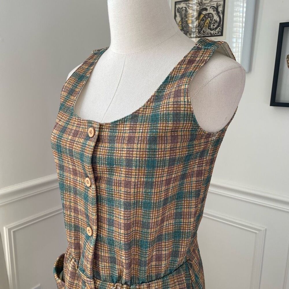 Vintage 70s Button Front Plaid Barkcloth Sleeveless Dress S - Picture 7 of 9